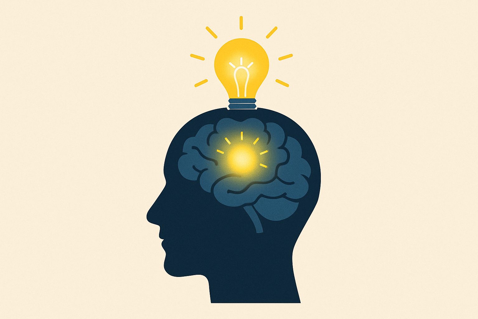 集中力のスイッチが入った脳を示す光る電球（ひらめき）のイラスト
