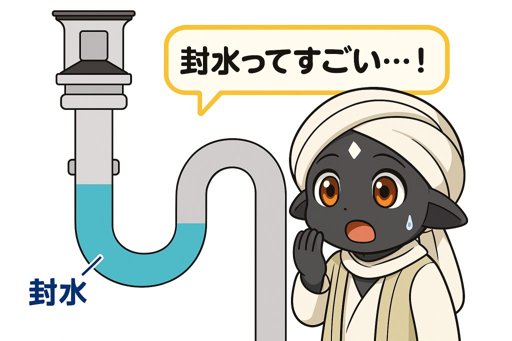 Pトラップ構造の排水管内にたまった封水が、下水からの臭気の逆流を防ぐ仕組みを示した日本語の図解。各部位や流れを矢印とラベルで明確に説明しており、全体がバランスよく配置されている。