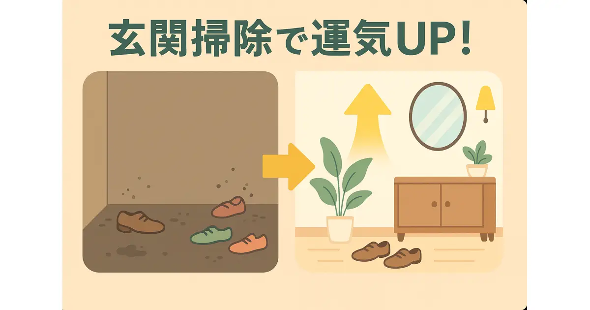 タイトル「玄関掃除で運気UP！」の下で、左に靴とホコリが散らばる暗い玄関、右に観葉植物と明るい照明で整った玄関を並べ、中央の矢印が“ビフォー→アフター”を示すフラットイラスト。