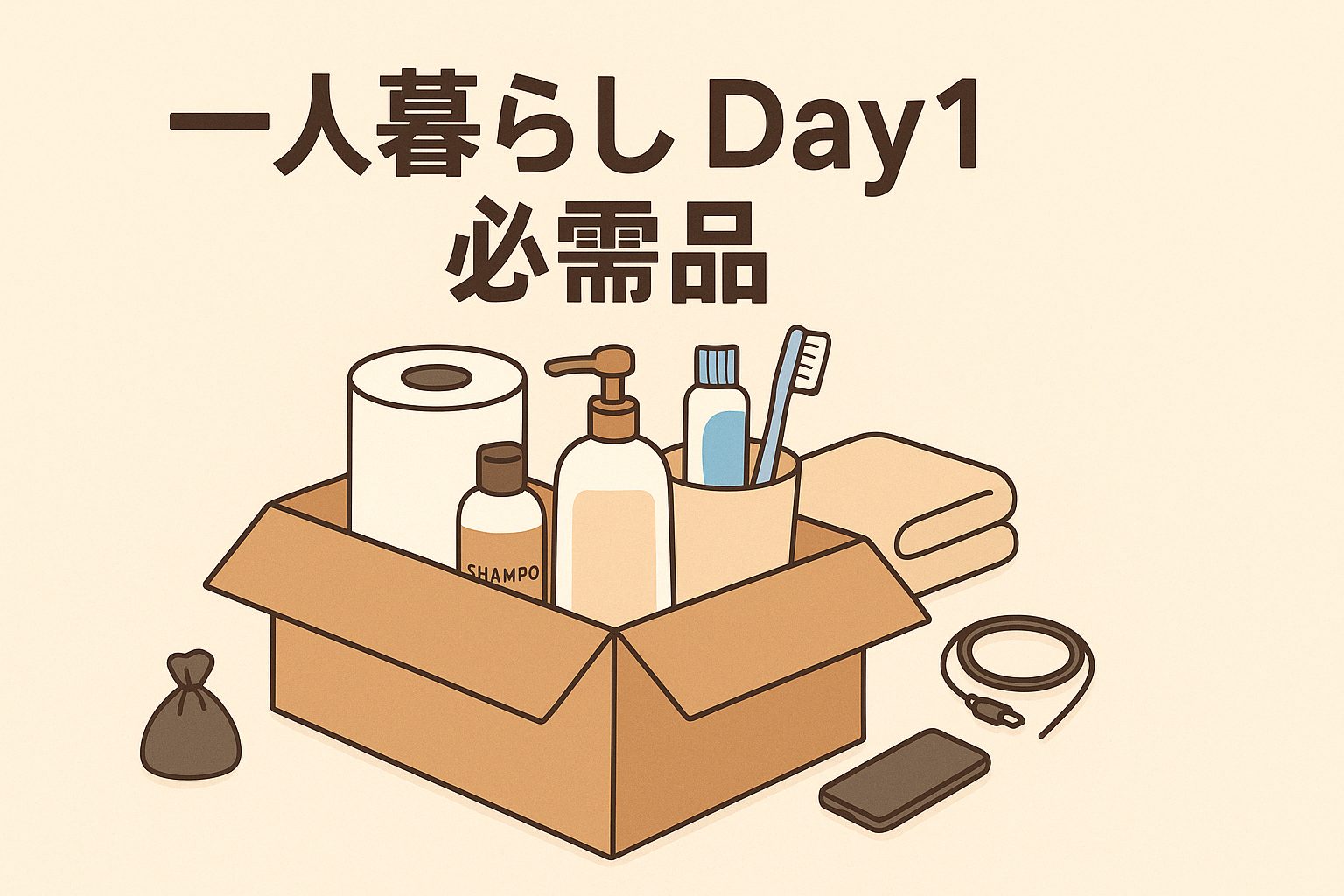 一人暮らしの初日に必要な日用品（トイレットペーパー、ハンドソープ、歯ブラシセット、シャンプー、タオル、スマホ充電器など）が段ボールに入ったイラスト