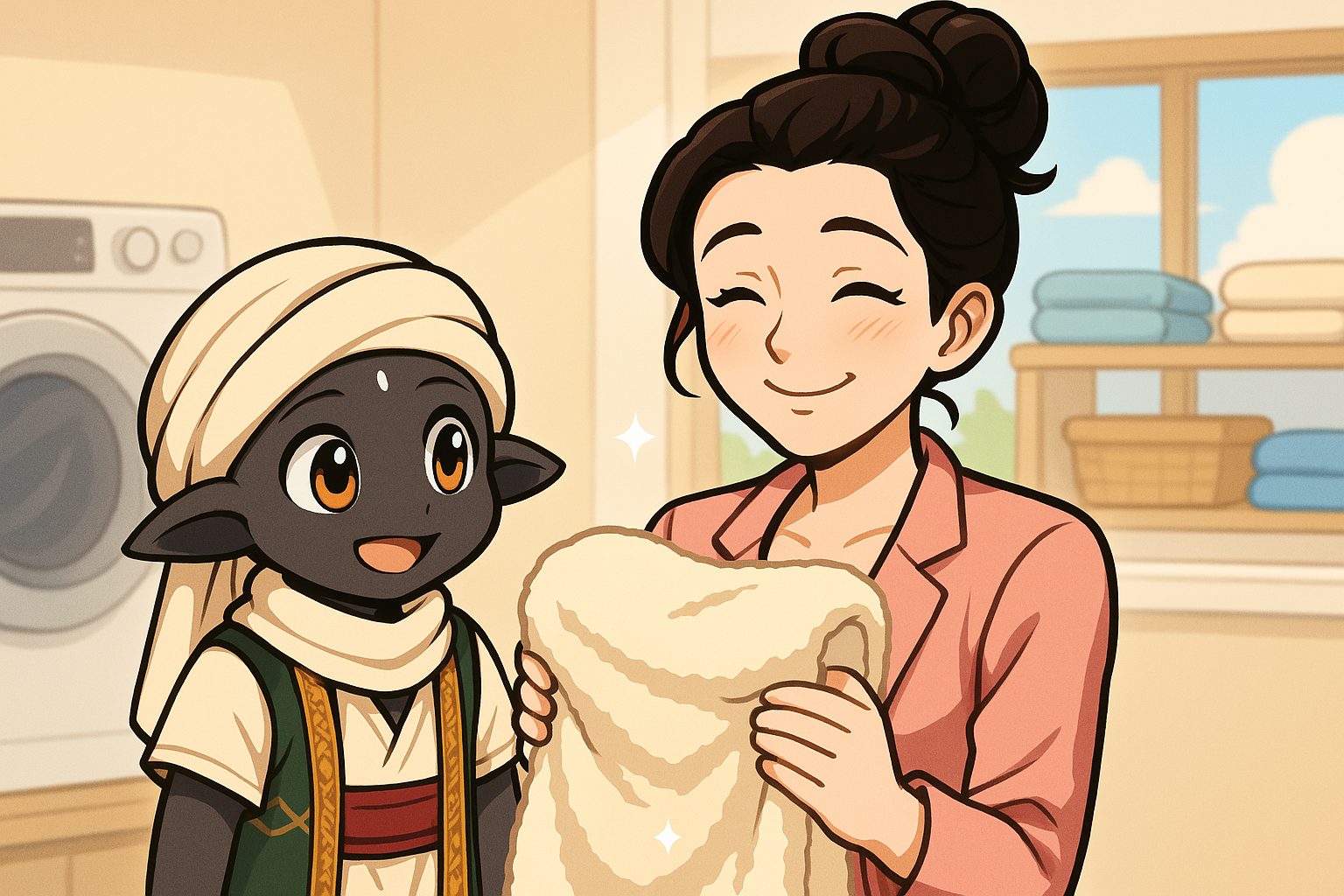 洗濯後の清潔でふわふわなタオルを持って笑顔のさちこさんと感動するぽぽさま