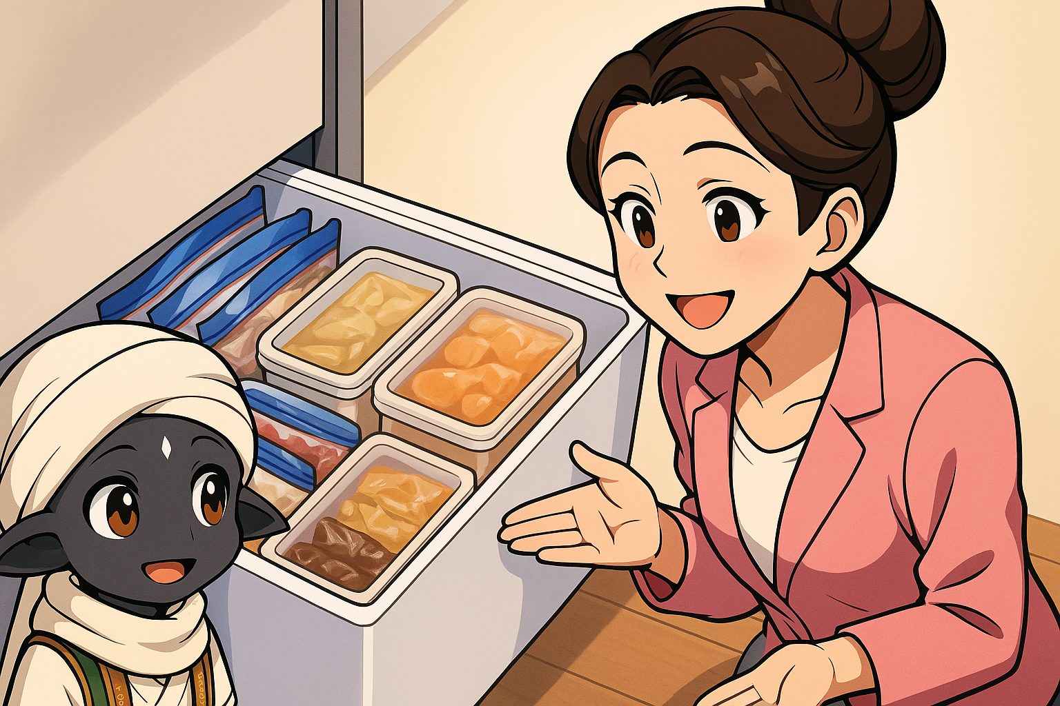 整理された冷凍庫の中身を初心者ぽぽさまに見せて説明する主婦さちこさんのイラスト