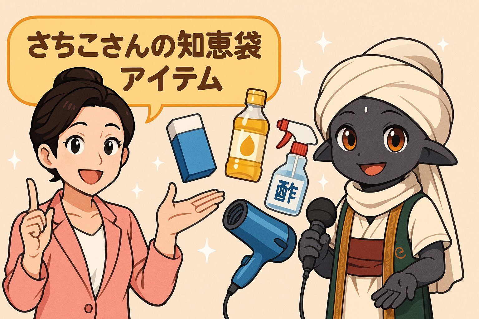 シール剥がしに使える家庭用品（消しゴム、油、酢、ドライヤーなど）を笑顔で紹介するさちこさん