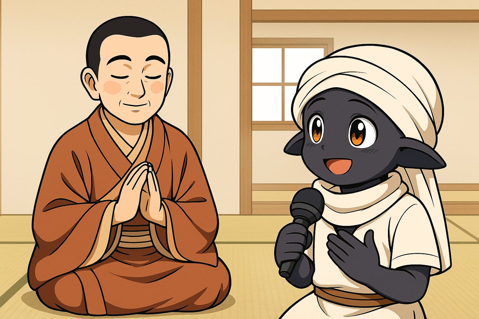 ミニマリスト僧・捨空さんの話を聞いて心が軽くなった様子のぽぽさまのイラスト