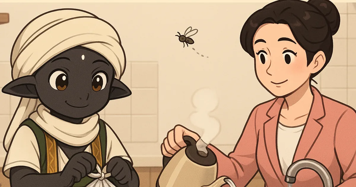 キッチンで生ゴミを縛り排水口にお湯を流してコバエ対策するイラスト