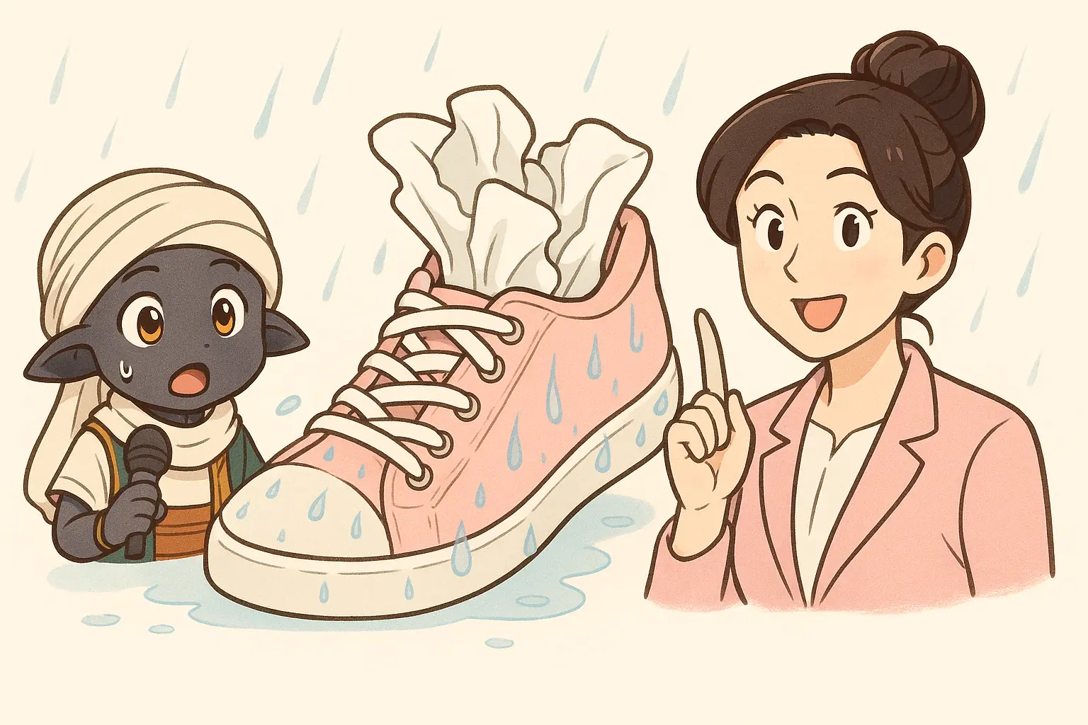 キッチンペーパーを詰めて速乾ケアする濡れたスニーカーと、説明するさちこさん、驚くぽぽさまの手書き風イラスト