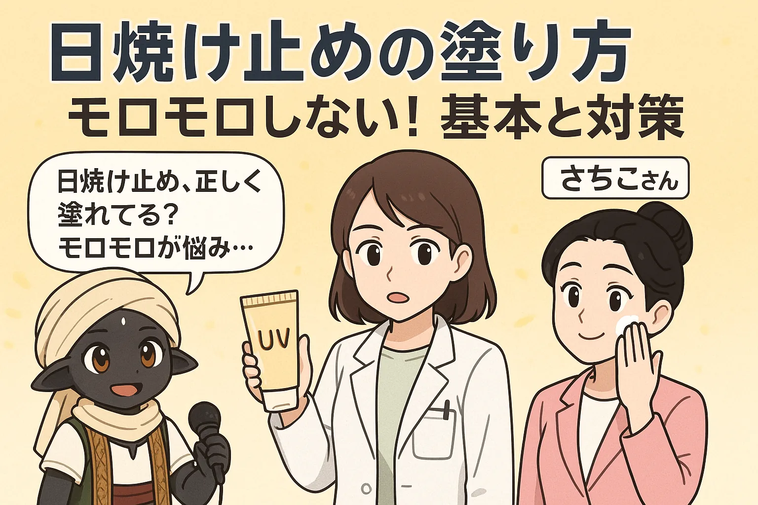 日焼け止めの正しい塗り方を解説する横長イラスト。リカ先生がUVクリームを示し、さちこさんが頬に優しくプレス塗りを実演。左には悩みを相談するぽぽさまが登場し、「モロモロしない！基本と対策」の見出しで紫外線対策を訴求している。